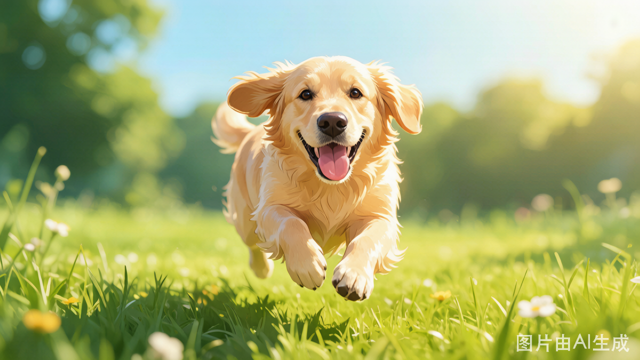 金毛犬在夏日户外开心奔跑